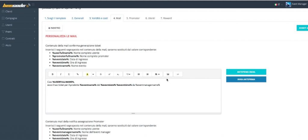 Personalizzazione Email Conferma Ticket e Promoter Evento Beecode